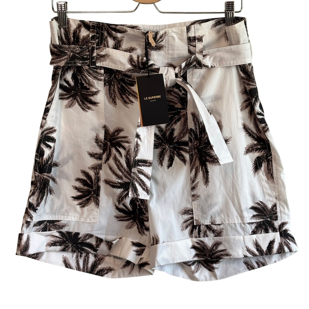 NEW Le Superbe Palm Tree Print Shorts White Womens 10 High Rise Belted Cotton